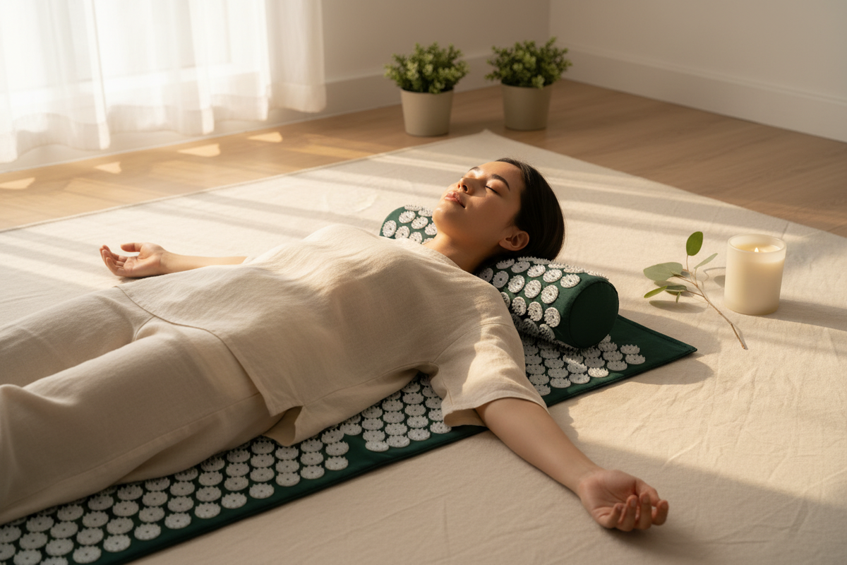 Person lying on Stillvara Acupressure Massage Mat